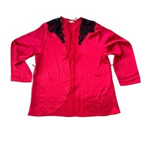 VTG Victoria's Secret Gold Label Red Satin Lace Bed Jacket Kimono Top Large 90s